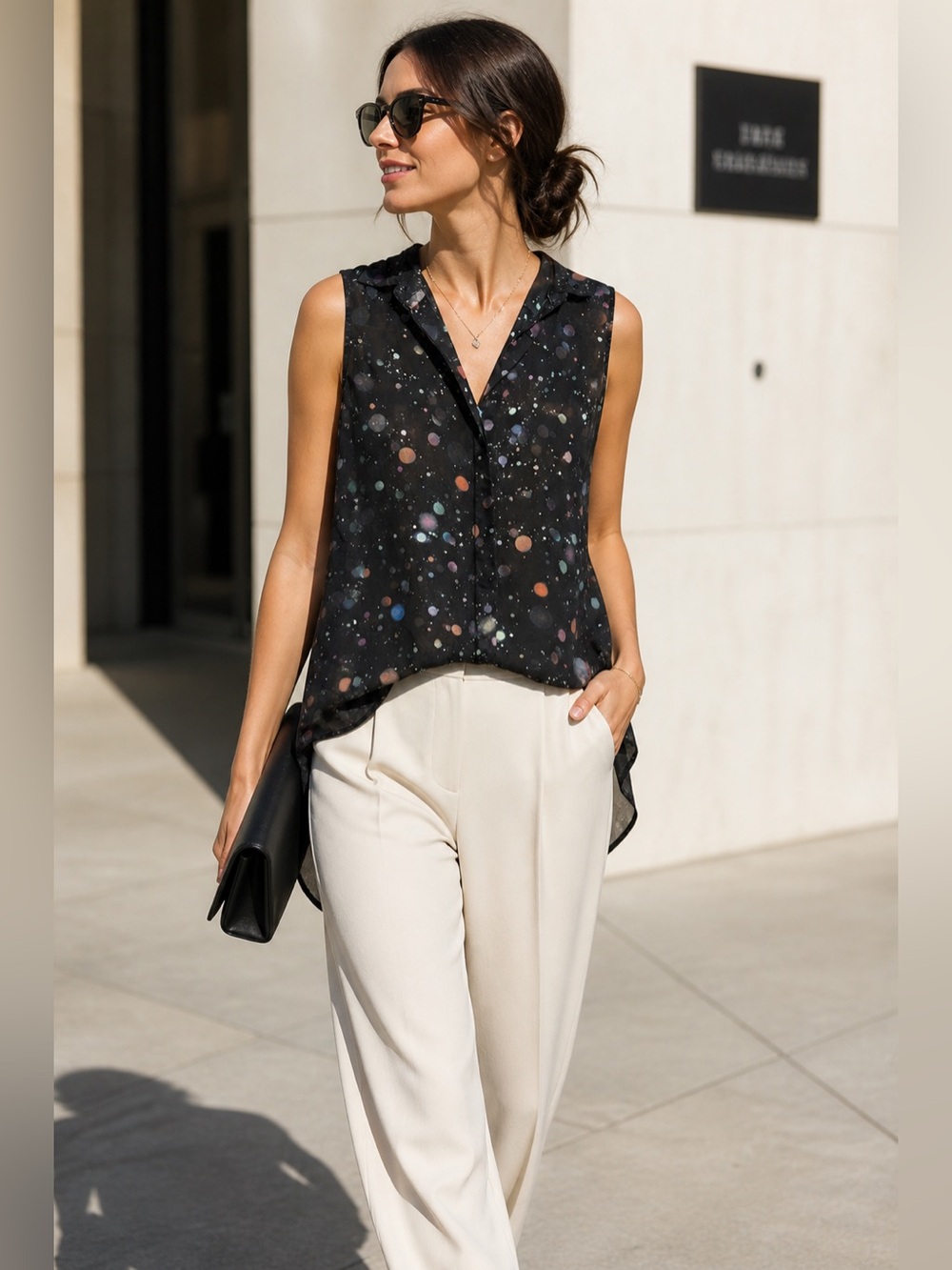 Theory Silk Confetti Galaxy Sleeveless Hi Low Blouse XS Indie Alt Celestial Boho